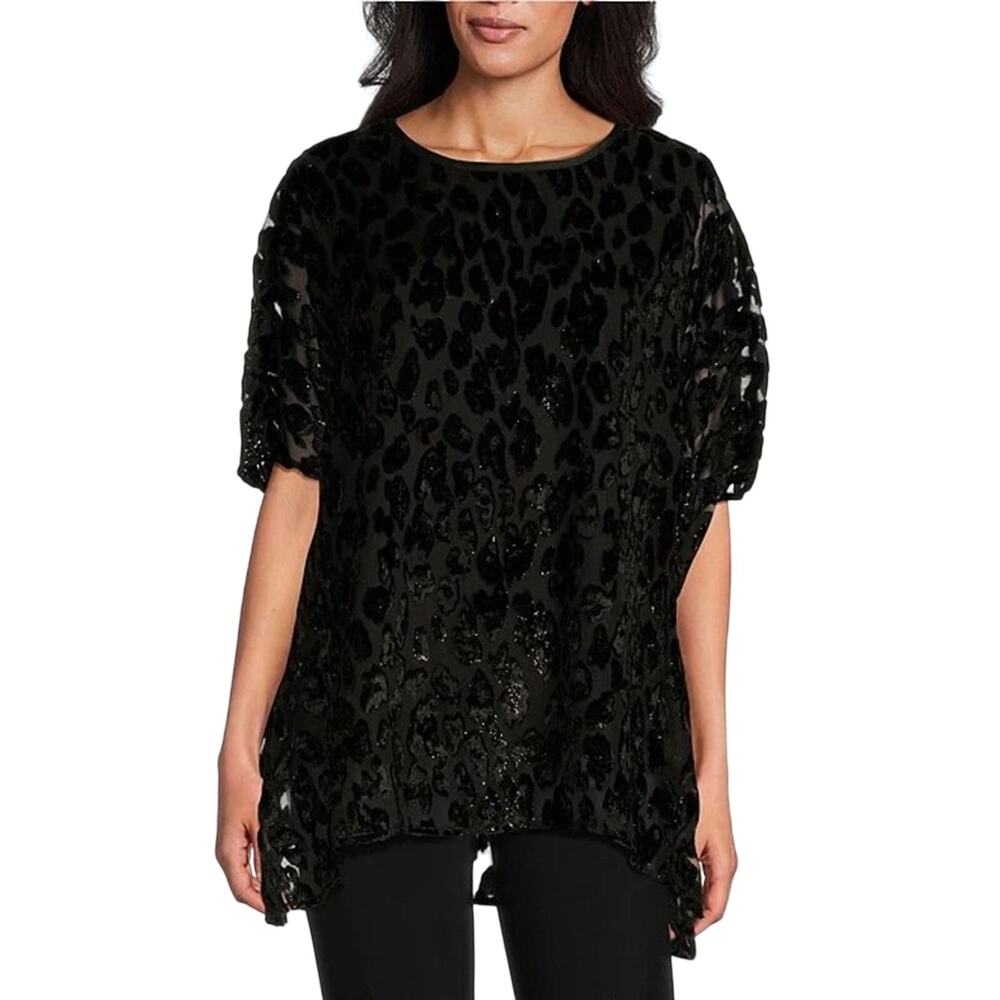 Caroline Rose Shimmering Leopard Pattern Velvet Black Devore' Caftan Tunic S